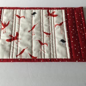 Red and White Quilted Mug Rug, Polka Dot Candle Mat, Bird Print Sack Mat, Quiltsy Handmade