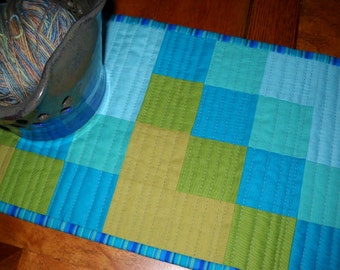Quilted Modern Aqua and Teal Patchwork Table Runner,  Quilted SquaresTable Topper, Quiltsy Handmade