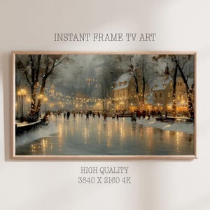 May include: A framed digital art print depicting a winter scene with people ice skating on a frozen waterway. The artwork features soft lighting, snow-covered buildings, and string lights. Text on the print reads "INSTANT FRAME TV ART" and "HIGH QUALITY 3840 X 2160 4K".