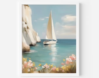 Sailboat Coastal Art Print: Cliffside Ocean View (Digital Download)