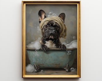 Lámina de bulldog francés en la bañera: Arte vintage de perro para el baño (Descarga digital)