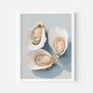 May include: An artistic print featuring three open oyster shells. The shells are white and beige, with a light pink interior. The background is a soft blue, and the image is framed in white.