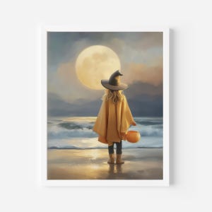 May include: A framed print depicts a child in a witch hat and cape, holding a pumpkin bucket, standing on a beach at dusk. A large full moon glows in the background, with waves gently rolling in. The color palette is warm, with shades of yellow, orange, and blue.