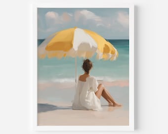 Impresión de sombrilla de playa pastel: Mujer costera con vista al mar (Descarga digital)