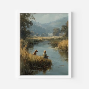 May include: A framed art print depicts a serene landscape with a river winding through a valley. A person is fishing, accompanied by a dog. The artwork features muted tones of green, brown, and blue, evoking a sense of tranquility and nature.