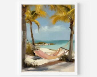 Impresión de hamaca en la playa, palmeras y vista al mar, obra de arte costera (descarga digital)