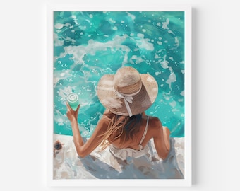 Coastal Woman in Pool Art Print: Turquoise Summer Vibes (Digital Download)