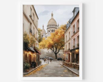 Pastel  Autumn Art Print: Montmartre Fall Wall Art, Paris Street Decor (Digital Download)
