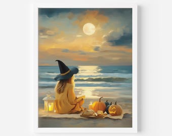 Peut inclure: Peinture encadrée d'une personne portant un chapeau de sorcière, assise sur une plage au coucher du soleil. Une pleine lune brille au-dessus de l'océan. Citrouilles, bougies et lanterne sur une couverture. La personne porte une robe jaune.