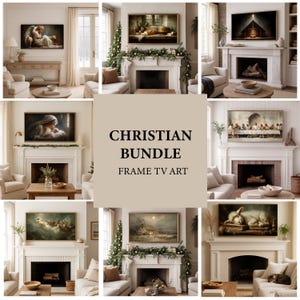 Könnte beinhalten: Eine Sammlung gerahmter christlicher Kunstdrucke, die über Kaminen in einem gemütlichen Wohnzimmer ausgestellt sind. Die Kunstwerke zeigen religiöse Themen und Szenen mit einer neutralen Farbpalette und goldenen Rahmen. Der Text "CHRISTIAN BUNDLE FRAME TV ART" befindet sich in der Mitte.