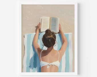 Coastal Reading Girl Art Print: Beach House Summer Decor (Digital Download)