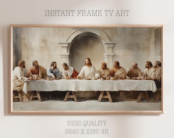 May include: Framed artwork depicting the Last Supper, with figures seated around a long table. The painting features soft lighting and muted colors, with the text "INSTANT FRAME TV ART" and "HIGH QUALITY 3840 X 2160 4K" in the image.