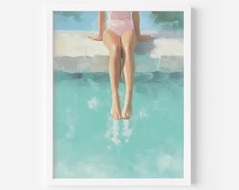 Pastel Poolside Woman Art Print: Coastal Summer Impasto (Digital Download)