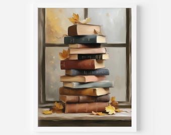 Könnte beinhalten: Ein Stapel Bücher mit verschiedenfarbigen Einbänden, darunter braun, blau und beige, ist auf einer Fensterbank angeordnet. Gelbe Herbstblätter sind um die Bücher verstreut, und ein weicher, verschwommener Hintergrund deutet auf einen Blick aus dem Fenster hin.