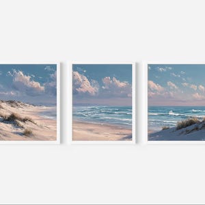 Coastal Triptych Wall Art: Blush & Blue Abstract Ocean Prints (Digital Download)