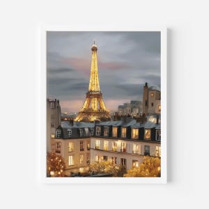 May include: A framed print of the Eiffel Tower at dusk. The iconic tower is illuminated against a twilight sky, with city buildings in the foreground. The artwork captures the romantic ambiance of Paris, with warm, inviting light from the buildings' windows.
