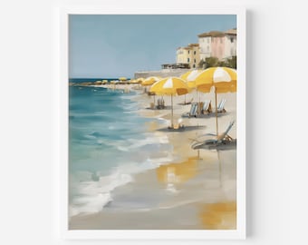 Yellow Umbrella Beach Print: Mediterranean Coastal Wall Art (Digital Download