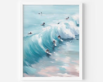 Pastel Ocean Wave Print: Surfer Coastal Art (Digital Download)