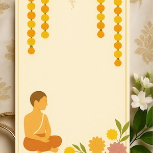 May include: A cream-coloured invitation card with a gold border, adorned with marigold garlands and floral elements. It features a seated figure in orange attire and a decorative symbol.