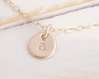 Tiny Gold Disc Necklace 14k Gold Filled, Typewriter font, Handmade, Custom Hand Stamped, Layering, Tiny Dot, Delicate, Minimalist
