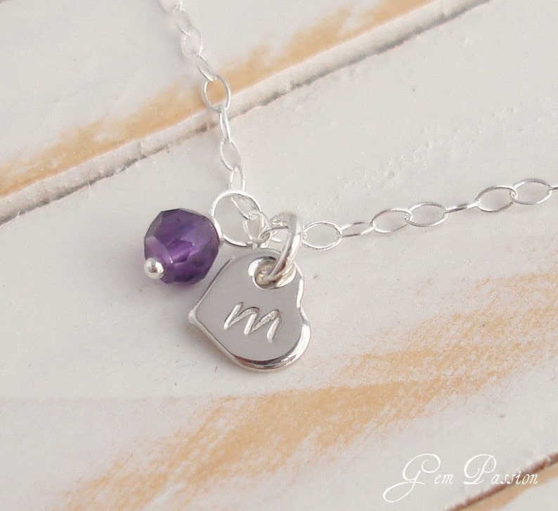 Crystal necklace Amethyst Necklace Purple Amethyst Birthstone Initial Necklace Tiny Silver heart Charm and Gemstone Personalized