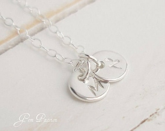 Tiny Sterling Silver Initial Disc necklace, 2 Disc necklace, Handmade, Hand Stamped, Mothers Necklace Initial Monogram, choose font/initial