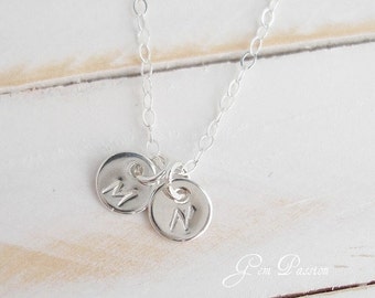 Tiny Sterling Silver Initial Disc necklace, 2 Disc necklace, Custom Hand Stamped, Initial Monogram, choose font/initial, Mother Daughter