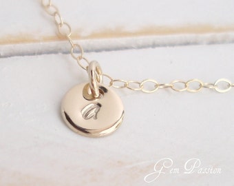 Dainty Tiny Initial Disc Necklace, 14k Gold Filled, Monogram, Personalized, Dot Necklace, Custom Hand Stamped, Alex Woo Style, Layering