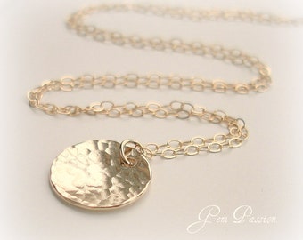 Hammered Gold Disc Necklace 14K Gold filled Handmade 1/2 inch Thick 20 Gauge Can Stamp with Initial See fonts