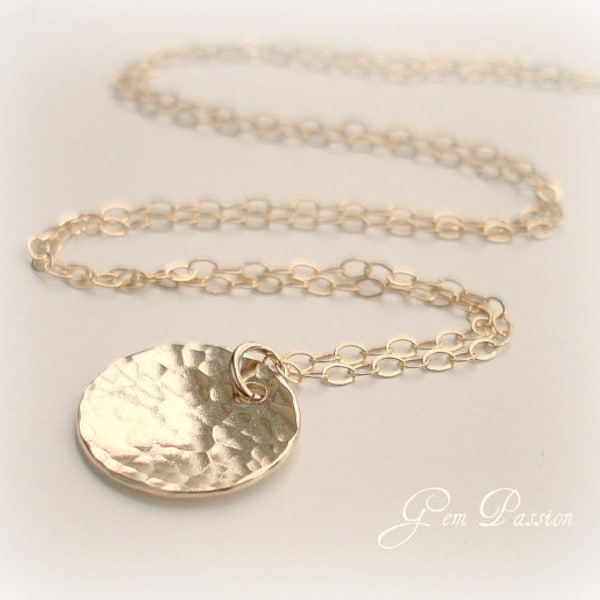 Hammered Gold Disc Necklace 14K Gold filled Handmade 1/2 inch Thick 20 Gauge Can Stamp with Initial See fonts