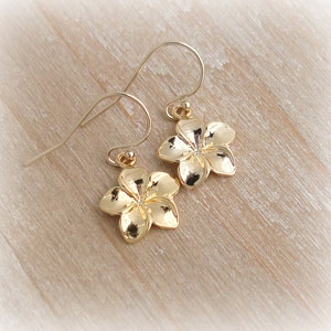 Gold Plumeria Earrings: 18k Vermeil Charm, 14k Filled Wire