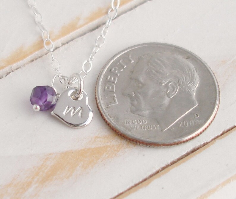 Crystal necklace Amethyst Necklace Purple Amethyst Birthstone Initial Necklace Tiny Silver heart Charm and Gemstone Personalized