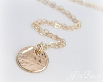 Gold layering necklace - Hammered Gold Disc Necklace - Handmade 14k Gold Filled Coin Charm with delicate Cable Chain - Dainty necklace