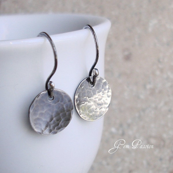 Silver Moon Earrings Celestial Jewelry Oxidized Sterling Silver Hammered Disc Handmade Organic Silver Moon Eclipse Jewelry