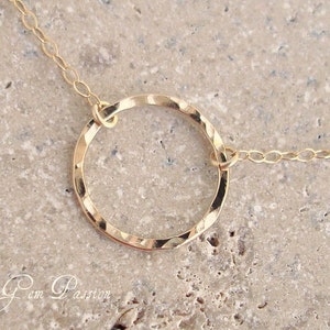 Karma Necklace 14k Yellow Gold Fill, Large Hammered Circle Disc Necklace - Handmade - 5/8ths Eternity Circle Necklace Gold Ring Layering