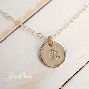 Personalized Gold Initial Necklace, 14k Gold Filled, Monogram, Custom Hand Stamped, Dainty Gold Necklace, Custom Made 3/8&quot;, Initial Disc