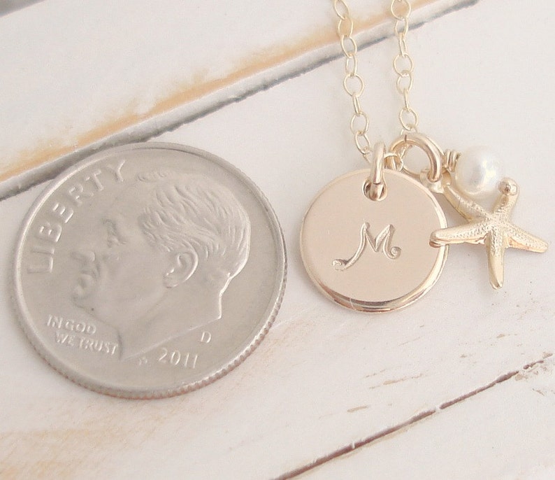 SET of 3, Bridesmaid Necklace, 14k Gold Filled, Personalized Initial Disc Necklace, Beach Wedding, Starfish, Pearl Handmade/Also in Silver image 3