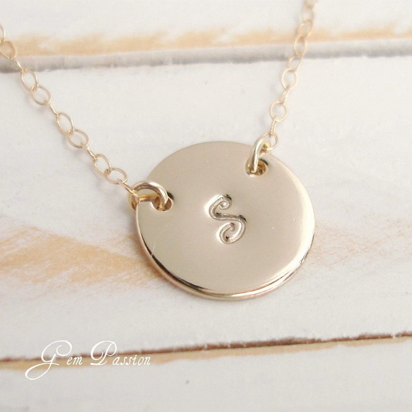 14k Gold Filled Initial Necklace, Custom Hand Stamped, Personalized, Monogram, 1/2 inch Disc, 20 Gauge, Celebrity Style, 5 Fonts to choose
