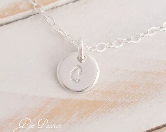 Tiny Sterling Silver Disc Initial Necklace Personalized Monogram Handmade Hand Stamped NEW Script Font, Dainty Necklace, Delicate Necklace