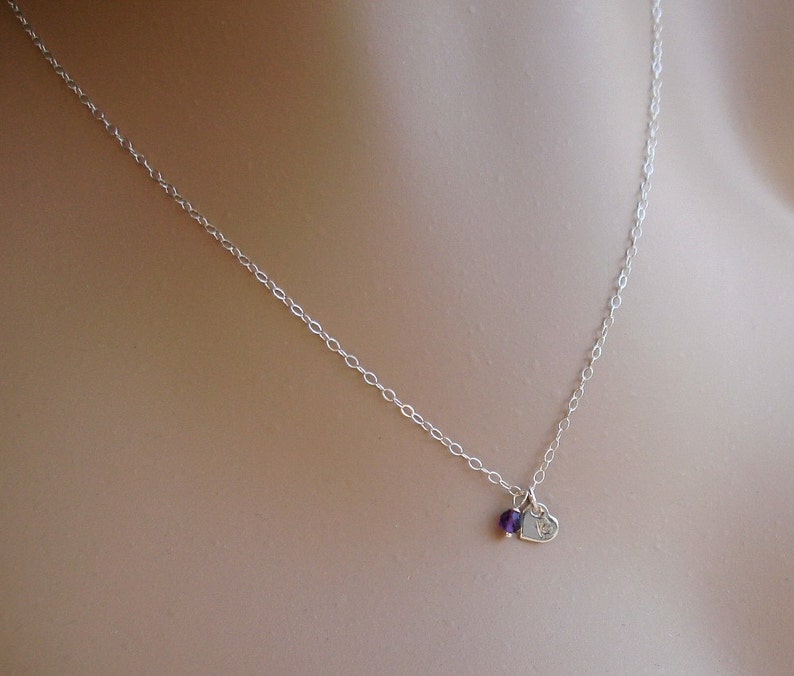 Crystal necklace Amethyst Necklace Purple Amethyst Birthstone Initial Necklace Tiny Silver heart Charm and Gemstone Personalized