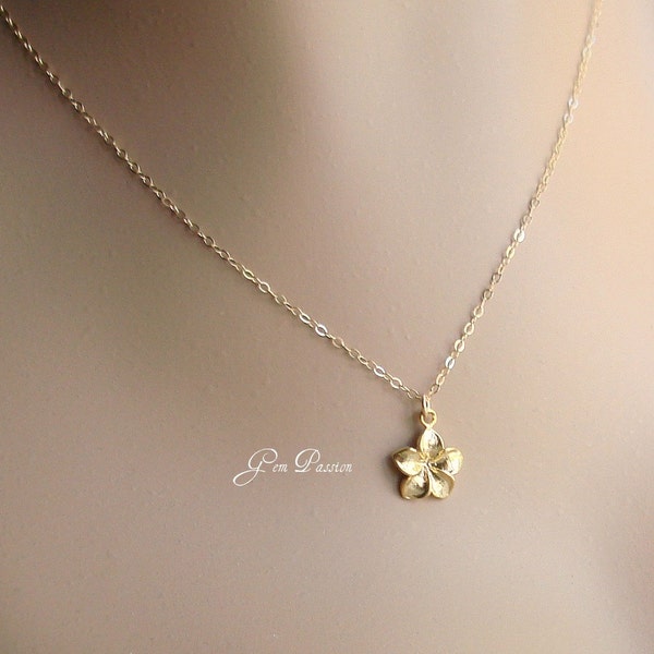 Gold Plumeria Necklace Hawaiian Jewelry, Sea charm necklace, 18K Gold Vermeil Flower on 14k Gold filled chain - length made to order