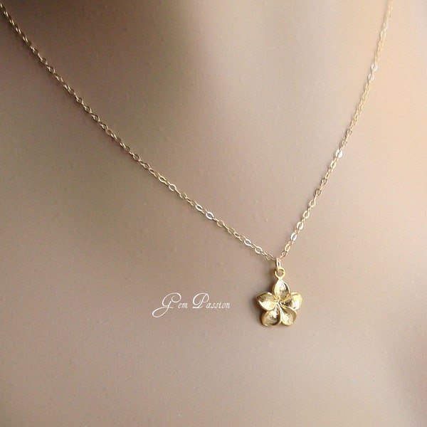 Gold Plumeria Necklace Hawaiian Jewelry, Sea charm necklace in 18K Gold dipped Vermeil, 14K Gold filled chain or Sterling Silver you choose