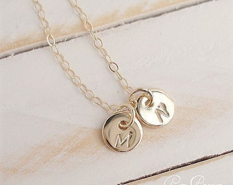 Dainty Gold Initial Necklace Custom hand stamped, 14K gold filled, Personalized 2 disc gift for Moms, Sisters, Couples