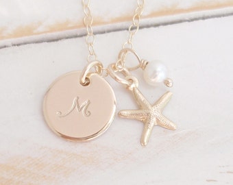 SET of 3, Bridesmaid Necklace, 14k Gold Filled, Personalized Initial Disc Necklace, Beach Wedding, Starfish, Pearl Handmade/Also in Silver