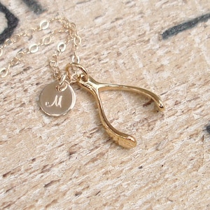 Gold Wishbone Necklace, 14k Gold filled, Personalized Tiny Initial Disc, Good Luck Necklace, Hand Stamped, Lucky Charm, Bronze Wishbone image 1