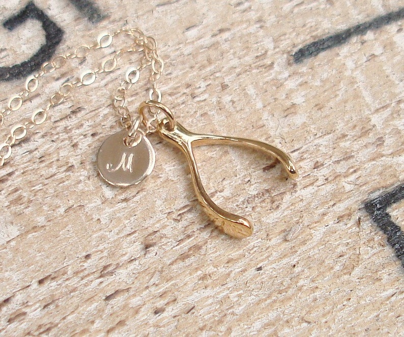 Gold Wishbone Necklace, 14k Gold filled, Personalized Tiny Initial Disc, Good Luck Necklace, Hand Stamped, Lucky Charm, Bronze Wishbone image 1