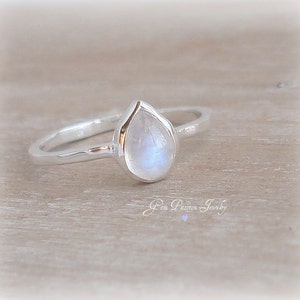 Rainbow Moonstone Ring in Sterling Silver, Boho Style, Teardrop Gemstone, June Birthstone, Handmade, Moon Goddess