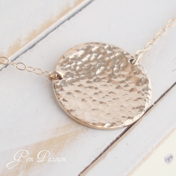 Large Gold Disc Necklace, 14k Gold Filled, Hammered 3/4 Inch Disc, 20 Gauge, Can be Personalized with Date, Names or Initials or left blank