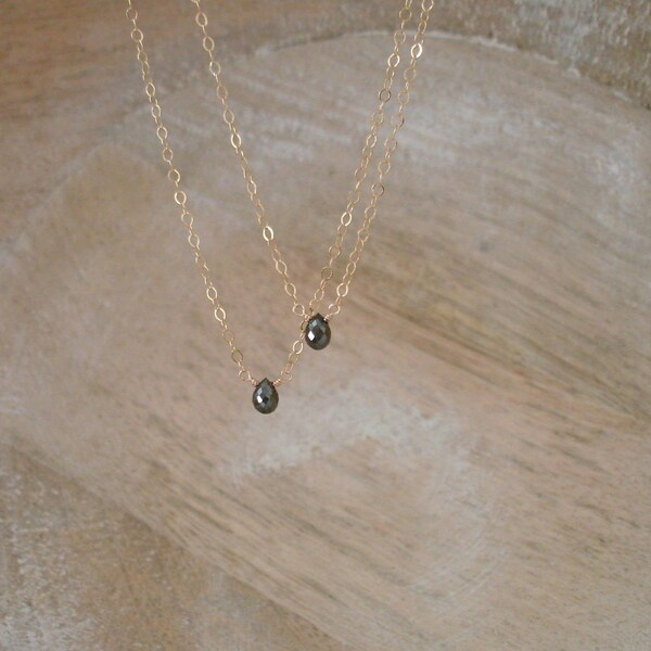 Dainty Black Diamond Teardrop Necklace: 14K Yellow Gold Filled