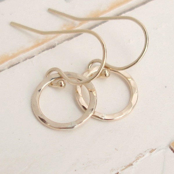 Delicate Gold Hoop Earrings - 14K Gold filled Handmade Hammered rings with French Ball Ear wires - Modern Dainty Gold Dangle Earrings